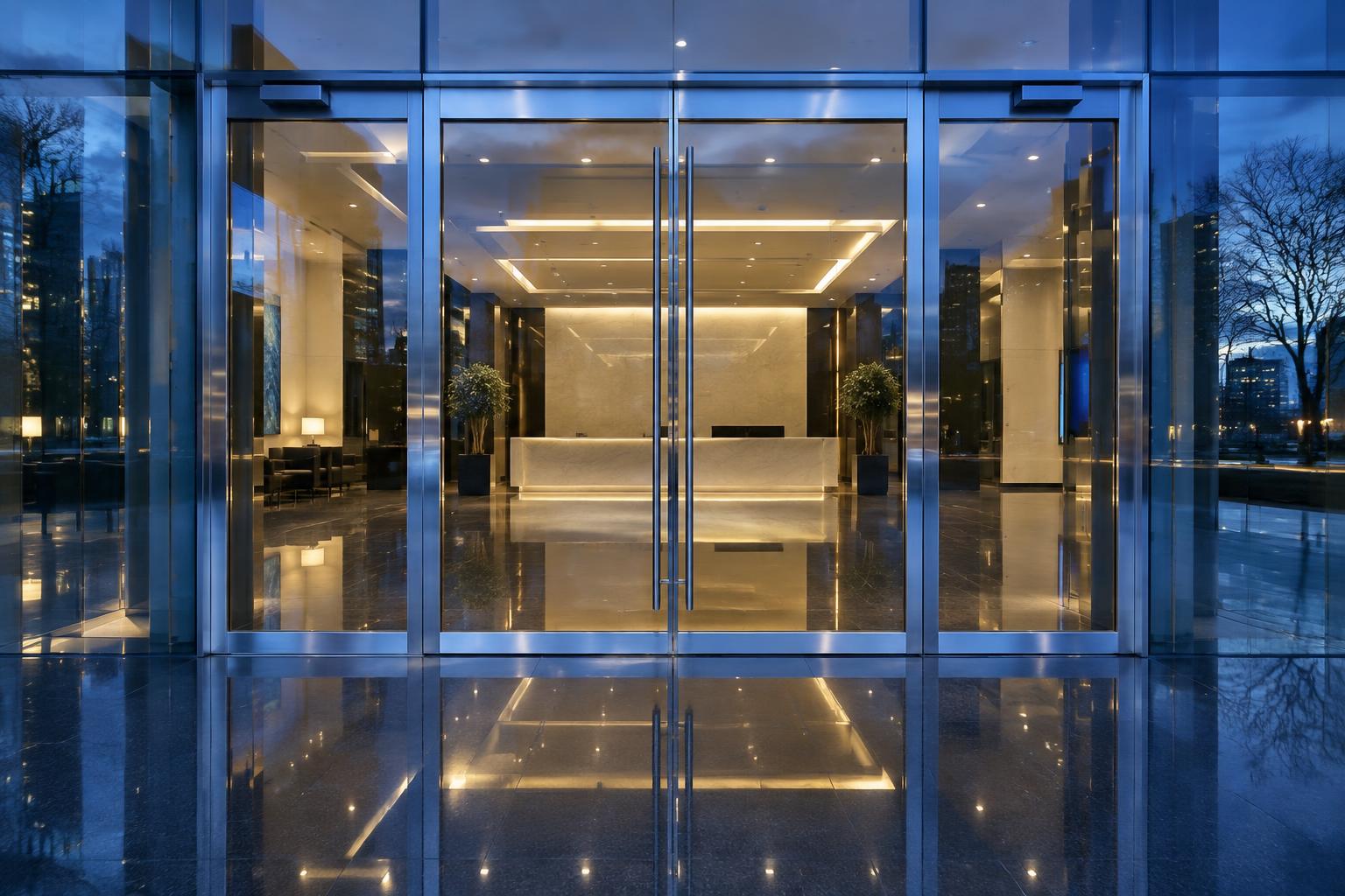 A spotless glass office lobby entry with polished floors